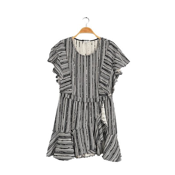 LoveShackFancy Black Cream Textured Flutter Sleeve Mini Wrap Style Dress - Picture 2 of 8